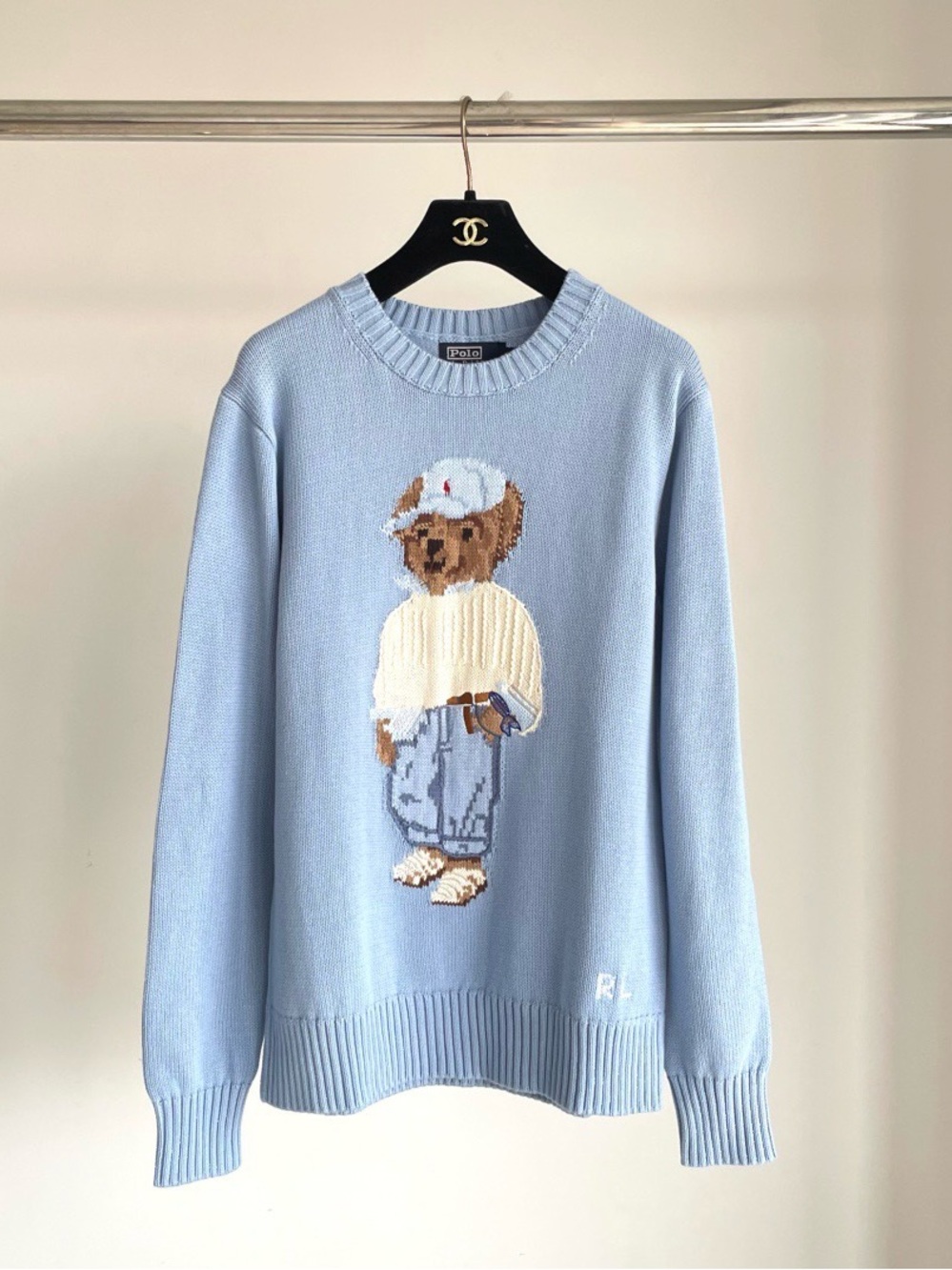 Polo by Ralph Lauren Baby Blue Crewneck Sweater with Teddy Intarsia